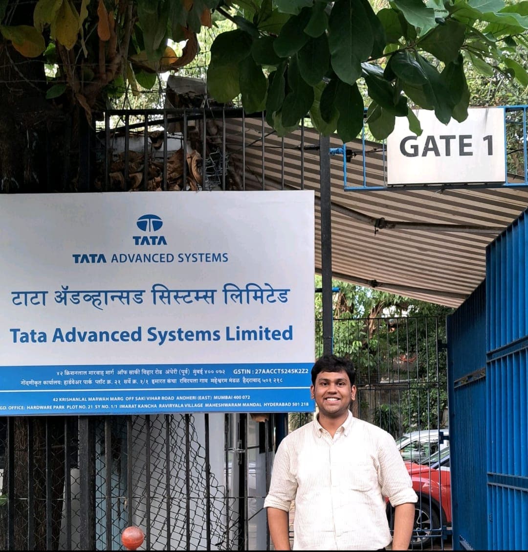 Varun outside Gate 1 of Tata Advanced Systems Limited in Andheri, Mumbai